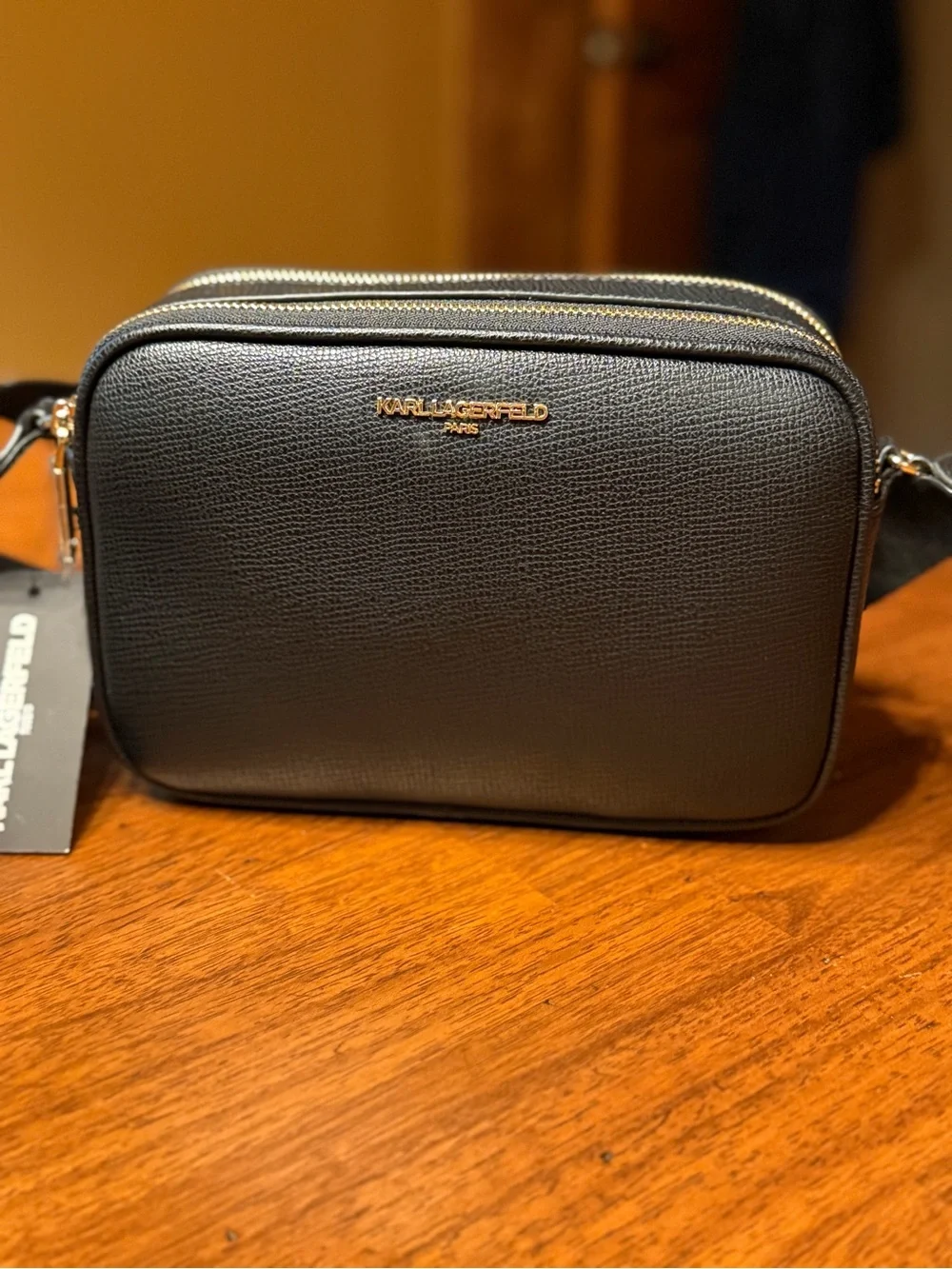 Karl Lagerfeld NWT Black 2-Zip Crossbody Camera Bag Guitar Strap Pom Charm
